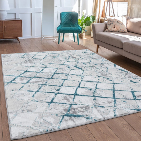 Modern Geometric Grid 6095 Distressed Texture Area Rug