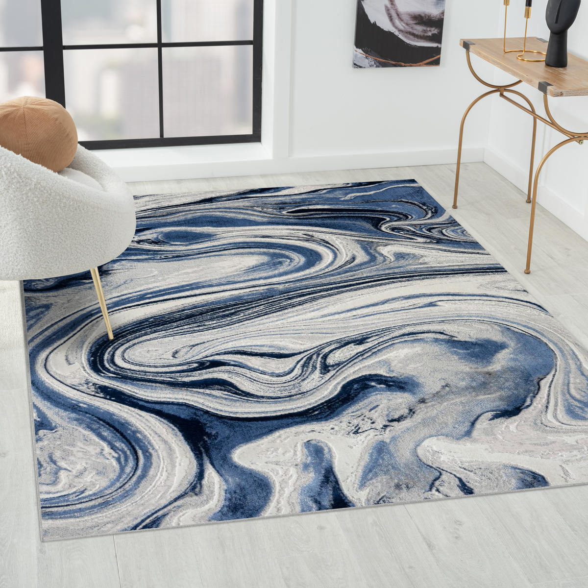 Abstract Contemporary Area Rug, popular Modern Art Area Rug, Blue Minimalist Art Decorative Area Rug, Blue Abstract Carpet, Blue Living Room Rug