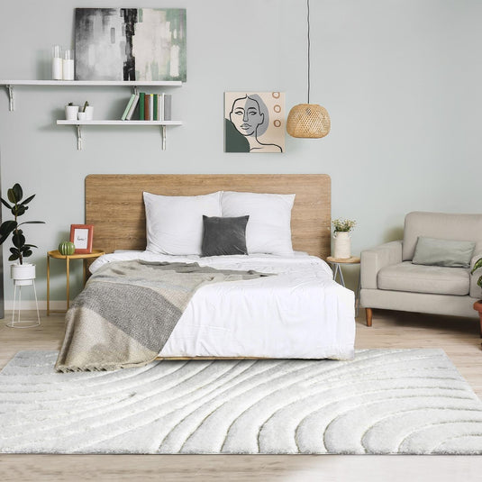 modern bedroom with white shag rug