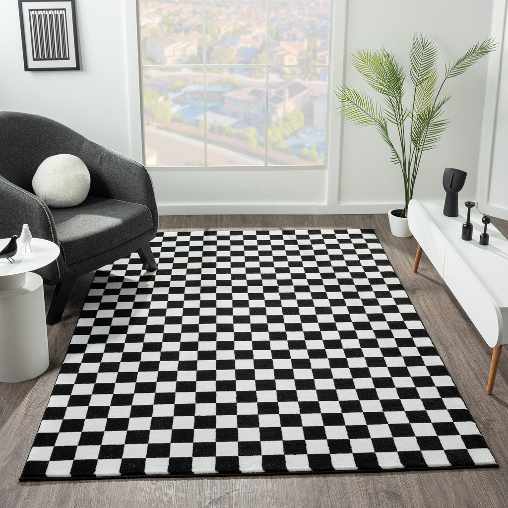 black-checkered-living-room-area-rug