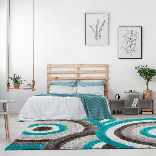 Turquoise-geometric-shag-rug
