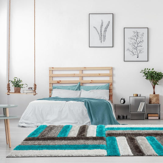 Turquoise-geometric-shag-rug