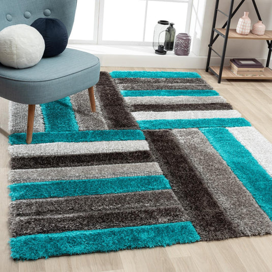 Turquoise-geometric-shag-rug