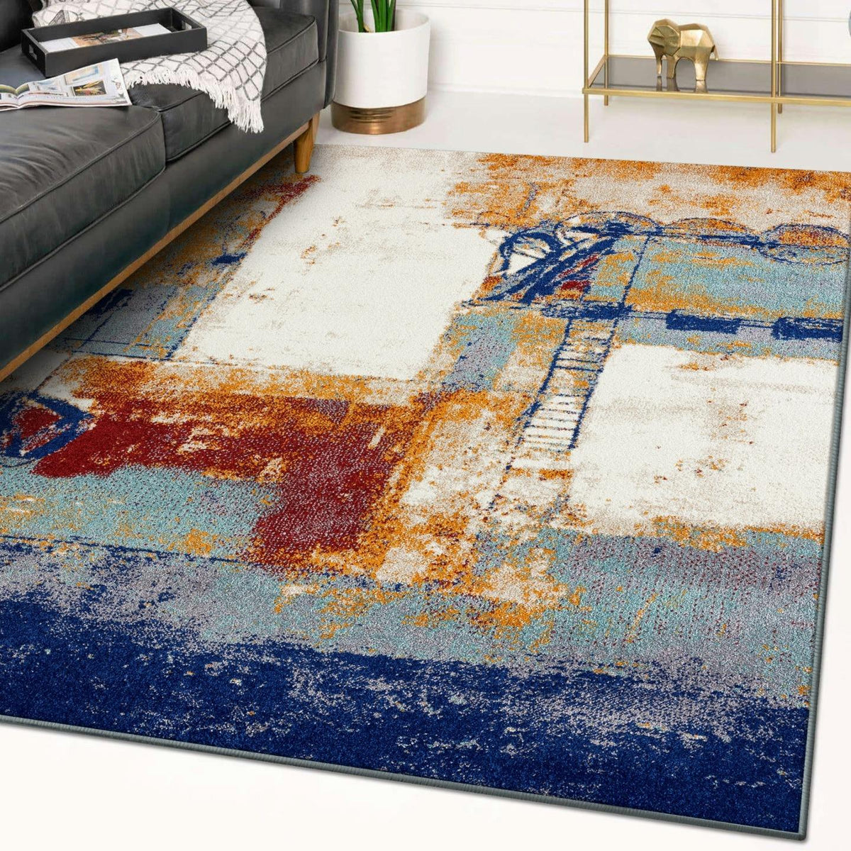 Industrial Living Room Rug Multi Color Abstract Rug Cotton Blend