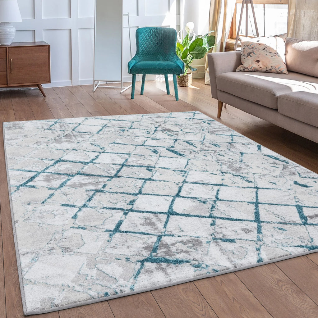 Modern Geometric Grid 6095 Distressed Texture Area Rug