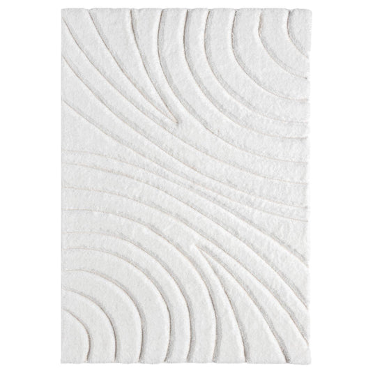 Textured white shag rug with wavy pattern on a white background