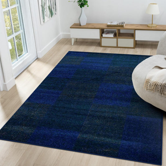 Blue checkered rug on a light wood floor in a living room setting.