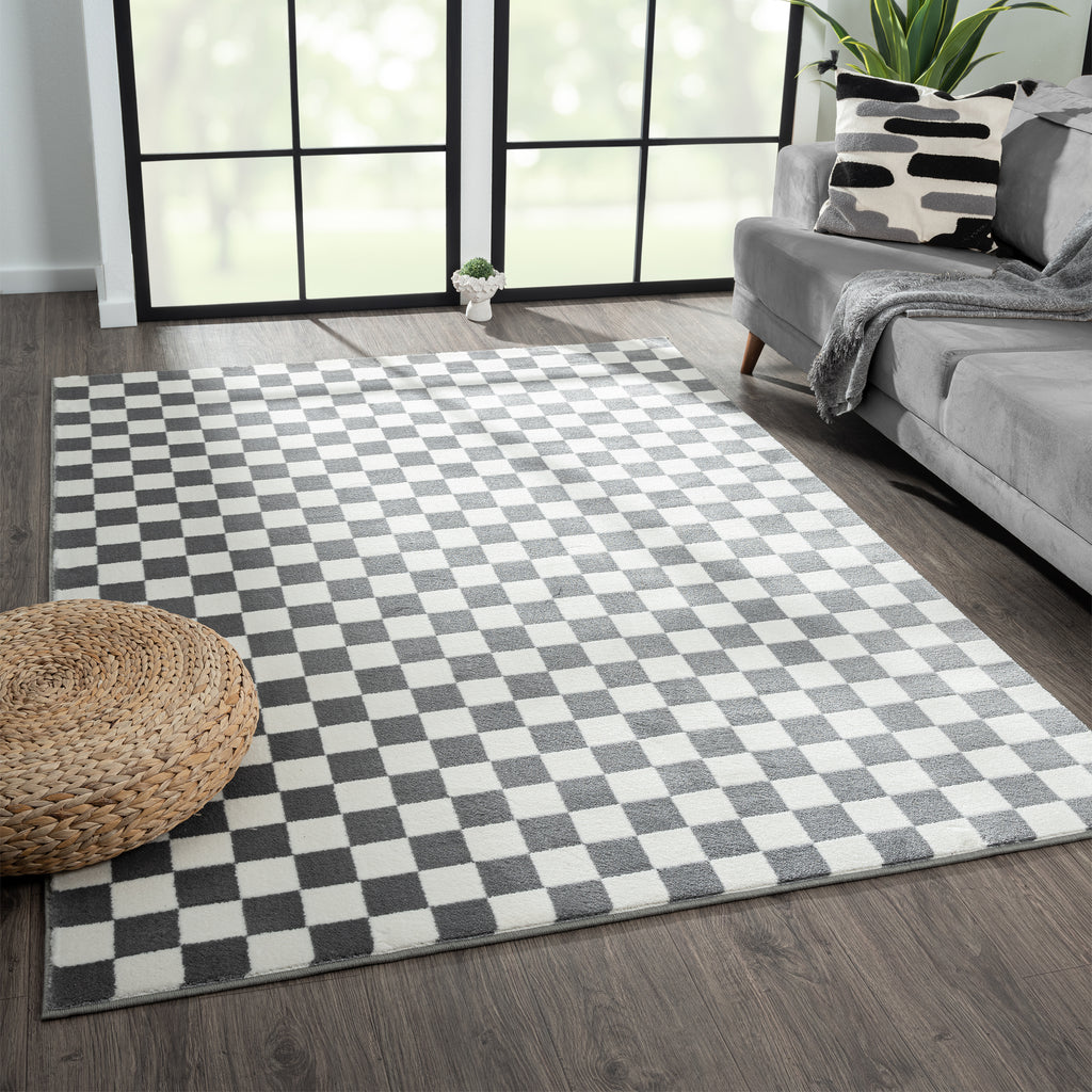 gray-checkered-living-room-area-rug